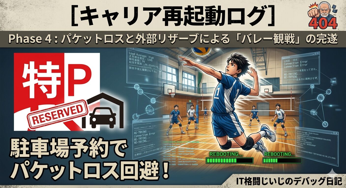 バレーボールのアタックを決める青いユニフォームの選手と、ITエンジニアのデバッグ画面を合成したサイバーなアイキャッチ。左側には「特P RESERVED」の駐車場予約ロゴと「駐車場予約でパケットロス回避！」のテキスト、右下には「IT格闘じいじのデバッグ日記」のクレジット。全体に「REBOOTING...」などのシステム稼働状況がオーバーレイされている。