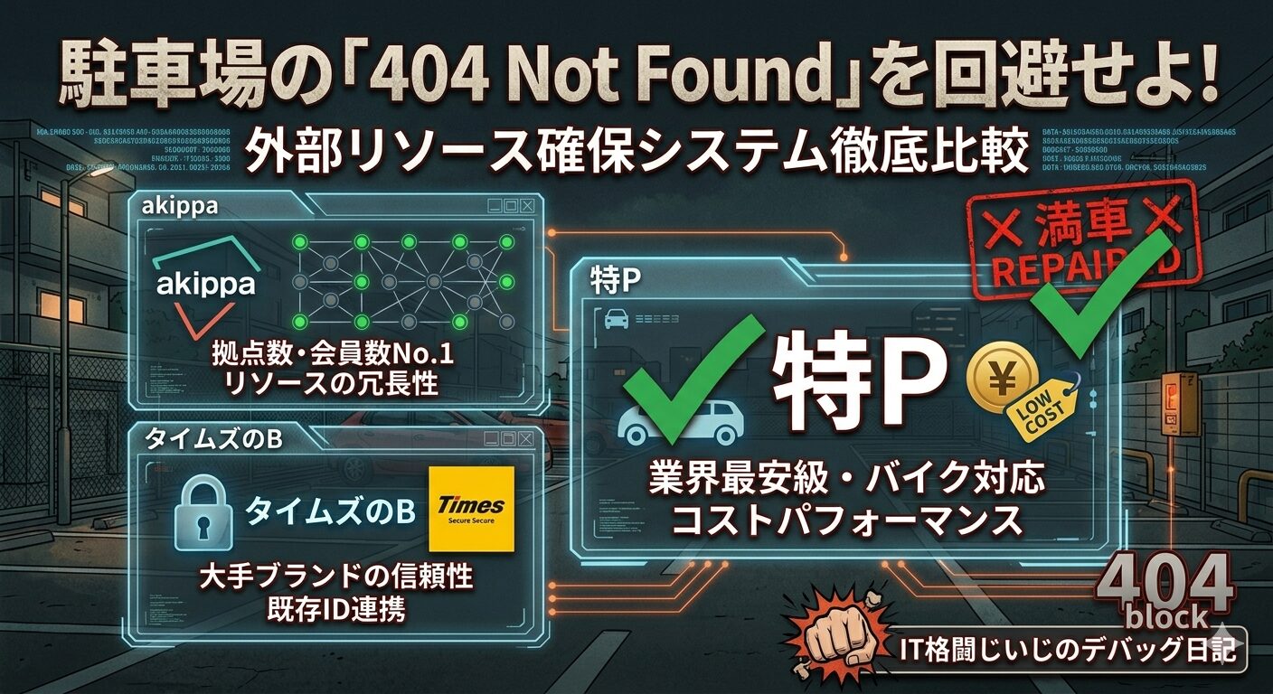 サイバーパンクなエンジニア視点で描かれた、主要な駐車場予約サイト「特P」「akippa」「タイムズのB」の比較画像。背景にはデジタルなグリッドとホログラムインターフェースが浮かび、3つの大型パネルにはそれぞれのロゴと、安さ、拠点数、信頼性という最適化ポイントがスペック表風に記載されている。前回の駐車場探し失敗の赤いエラー表示が、今回はグリーンに光る成功マークと「REPAIRED」というテキストに書き換わっており、エラー回避の成功を表現している。右下には「IT格闘じいじのデバッグ日記」のクレジットが配置されている。