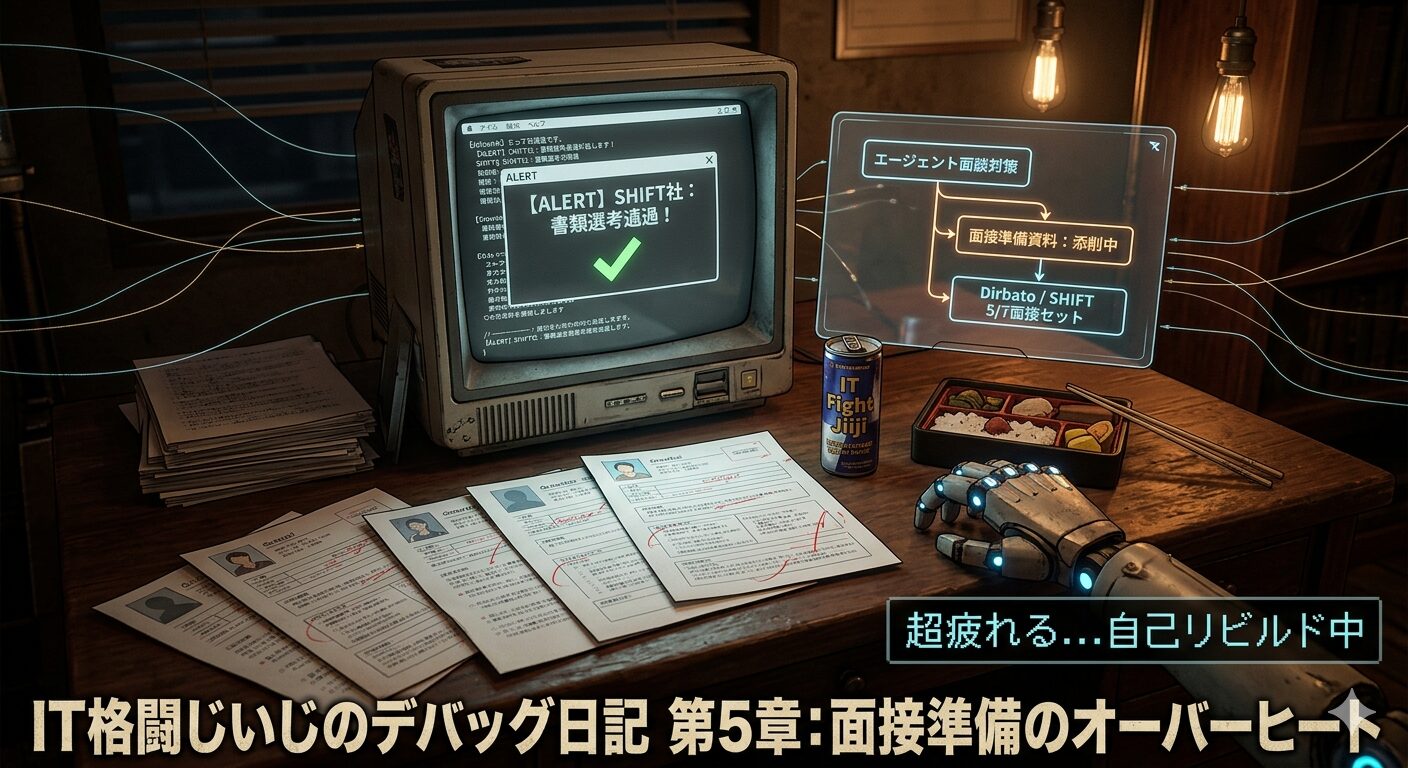 エンジニアのデスクの上に、大量の面接対策資料や赤字で添削された職務経歴書が置かれ、パソコンの画面には「SHIFT社 書類選考通過」という通知が表示されている。傍らには栄養ドリンクが置かれ、疲労感の中にも次の一歩への希望を感じさせる、サイバーパンク風の温かみのある書斎の風景。