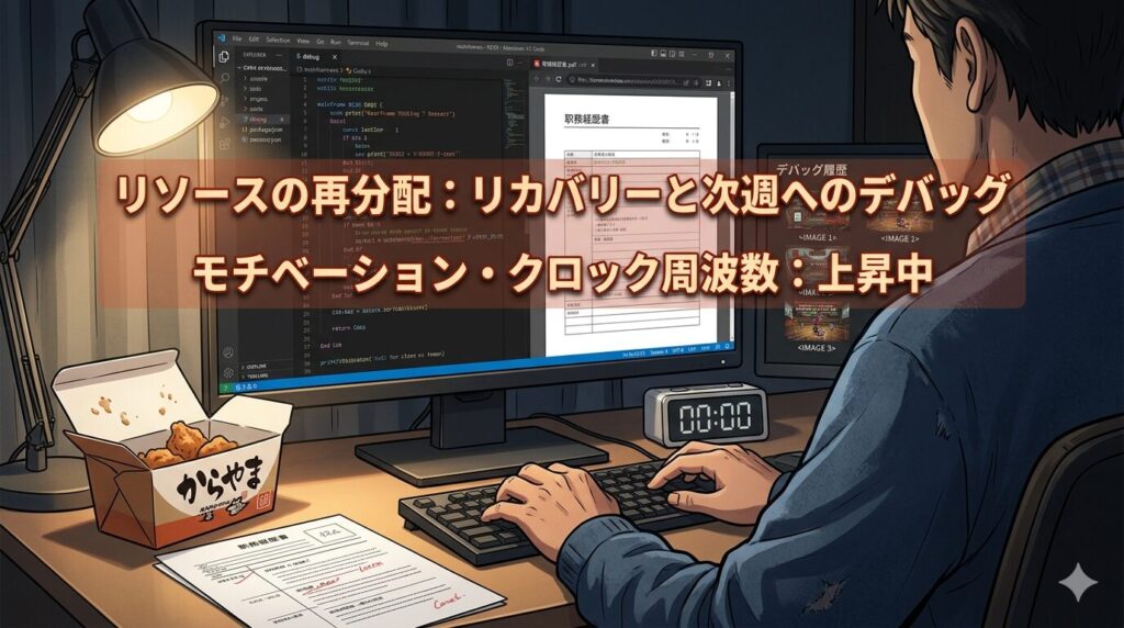 深夜の自宅デスクで、50代の男性（ITエンジニア）がモニターに向かう後ろ姿を描いた画像。モニターにはダークテーマのコードエディターと、PDF化された職務経歴書が表示されている。画面中央には赤オレンジのテキストオーバーレイで「リソースの再分配：リカバリーと次週へのデバッグ」と「モチベーション・クロック周波数：上昇中」というテキストが表示されている。デスクの上には「からやま」の唐揚げの空き箱、修正済みの職務経歴書の紙、深夜0時を示すデジタル時計が配置され、リアルな生活感と転職準備の執念を表現している。サブモニターにはこれまでのデバッグ履歴として、BusyやReservedのエラー画面のサムネイルが表示されている。