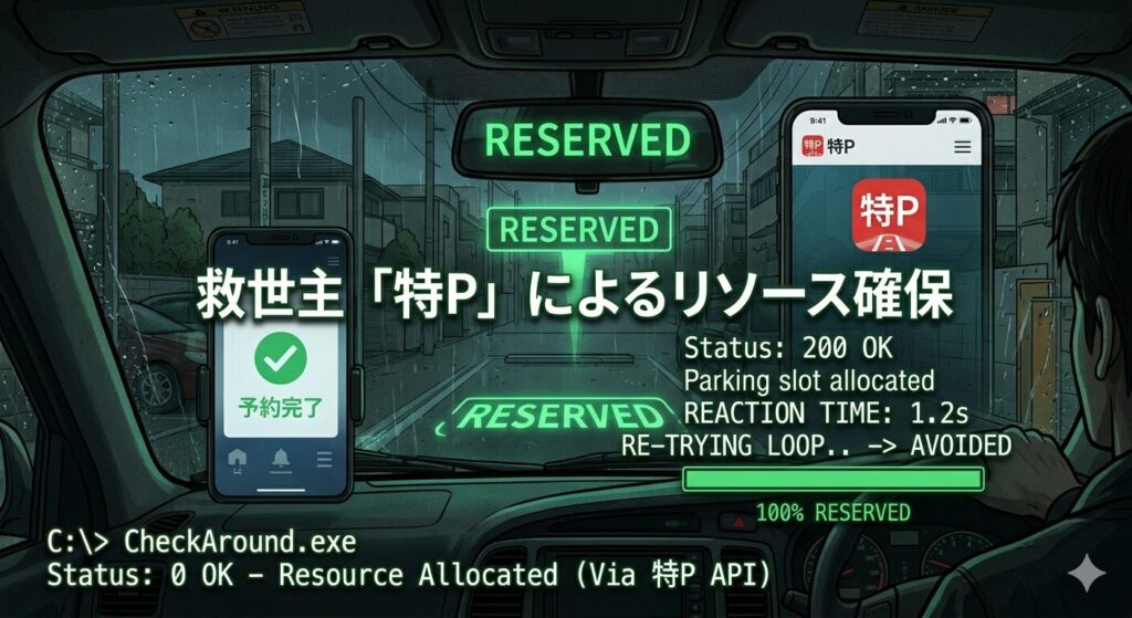 車の中から見た駐車場探し成功のシーンをサイバーパンクなエンジニア視点で描いた画像。車窓の外には鮮やかなグリーンの「RESERVED」ホログラムが浮かび、スマホ画面には「特P」ロゴと、無事に予約が完了した「Status: 200 OK」のテキストが表示されている。前回の「Busy」表示が今回はグリーンに光る成功マークに変わっており、リカバリーの成功を表現している。左下には「Status: 0 OK - Resource Allocated」のレトロなコマンドプロンプトが配置され、システム連携による問題解決を視覚化している。