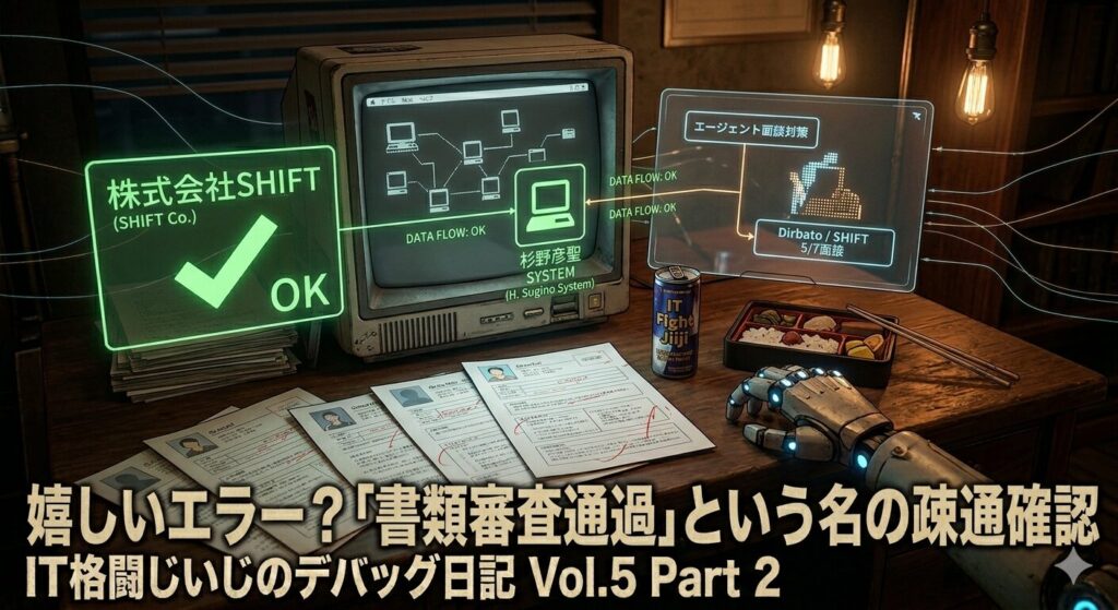 薄暗いサイバーパンク風の書斎。レトロなモノクロモニターのグリーンに光る画面に、簡易的なネットワーク図と「株式会社SHIFT」のノードに巨大な「OK」チェックマークが表示され、「杉野彦聖 SYSTEM」との間にデータフローが確立された（疎通確認）ことを示している。デスクには赤ペンで添削された資料が積み上がっている。最下部には見出し「嬉しいエラー？『書類審査通過』という名の疎通確認」のタイトル。