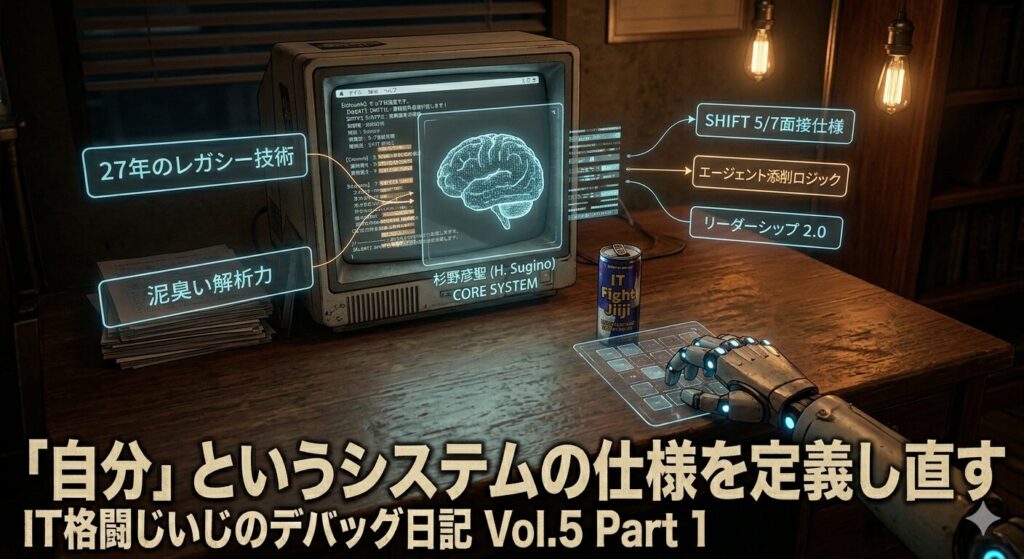 薄暗いサイバーパンク風の書斎。サイバーネティック・ハンドがホログラムインターフェースを操作し、脳を模したデータアイコン（杉野彦聖 CORE SYSTEM）の周囲にある「27年のレガシー技術」などの古いデータブロックを、「SHIFT 5/7面接仕様」や「リーダーシップ 2.0」といった新しいモジュールへ再構成している様子。デスクの隅には「からやま」のお弁当が見える。最下部には見出し「『自分』というシステムの仕様を定義し直す」のタイトル。