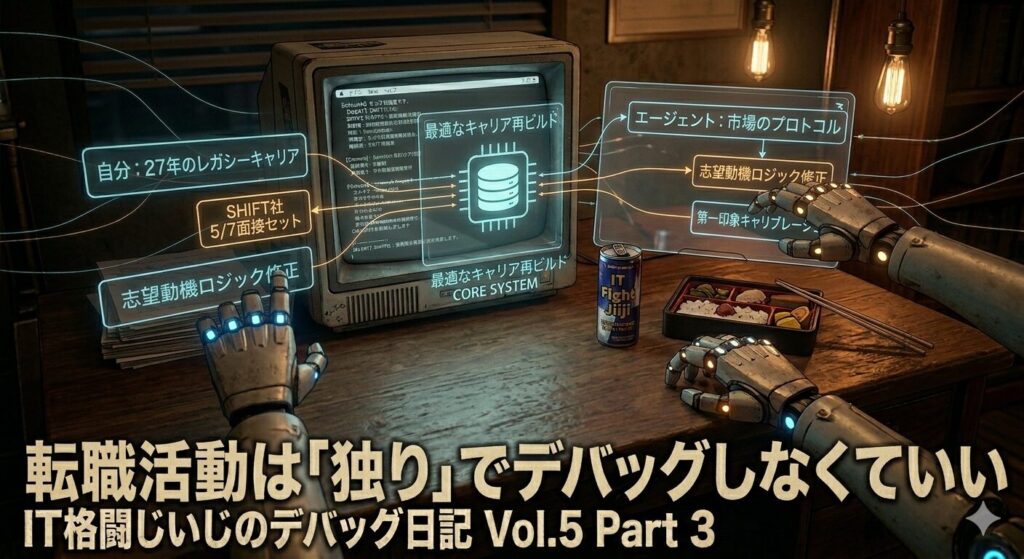 薄暗いサイバーパンク風の書斎。ブルーの光を放つ杉野さんのサイバーネティック・ハンドと、アンバーの光を放つエージェントのサイバーネティック・ハンドが協力して、1つのホログラムデータコアを操作している。「志望動機ロジック修正」や「第一印象キャリブレーション」といったバグを共同で修正（デバッグ）している様子。背景には「からやま」のお弁当が見える。最下部には見出し「転職活動は『独り』でデバッグしなくていい」のタイトル。