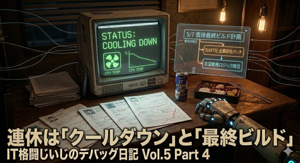 薄暗いサイバーパンク風の書斎。レトロなモノクロモニターの画面に「STATUS: COOLING DOWN」という大きなグリーンテキストと、ファンのアイコン、下降する温度グラフが表示され、システムが安定状態（クールダウン）にあることを示している。傍らのホログラムには「5/7 面接最終ビルド計画」としてタスクが優先順位付けされて表示されている。最下部には見出し「連休は『クールダウン』と『最終ビルド』」のタイトル。