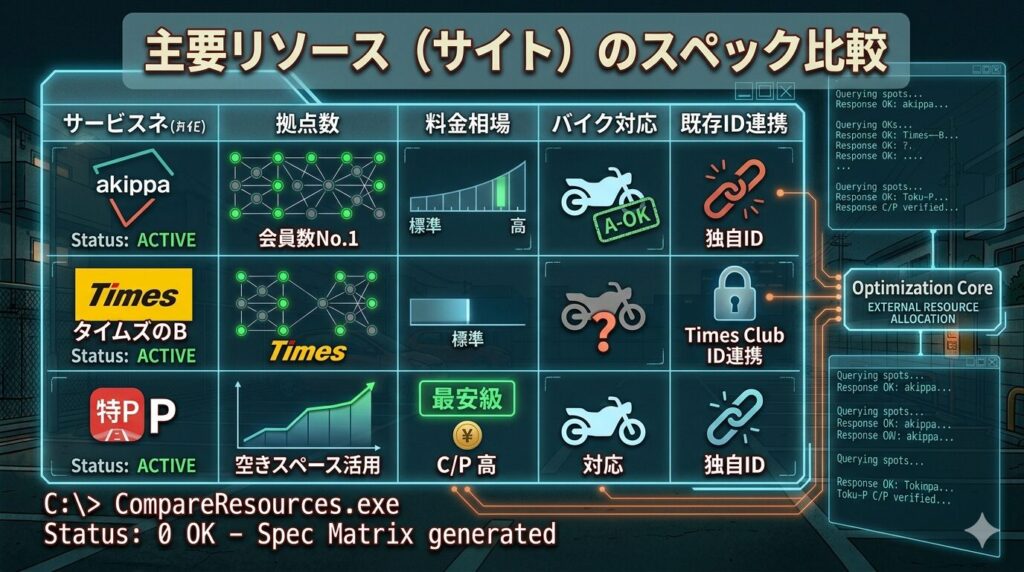 サイバーパンクなエンジニアのダッシュボードを模した、主要な駐車場予約サイト「akippa」「タイムズのB」「特P」のスペック比較画像。画面上部のバナーには見出し「主要リソース（サイト）のスペック比較」のテキストが表示され、その下のデータグリッドでは、拠点数、料金相場、バイク対応、既存ID連携というスペック項目が、グラフ、ステータスバー、チェックマークを使って直感的に比較されている。右側にはデータが正常に疎通していることを示すログが流れ、左下には「Status: 0 OK - Spec Matrix generated」のレトロなコマンドプロンプトが配置され、システムによるデータ解析の成功を表現している。