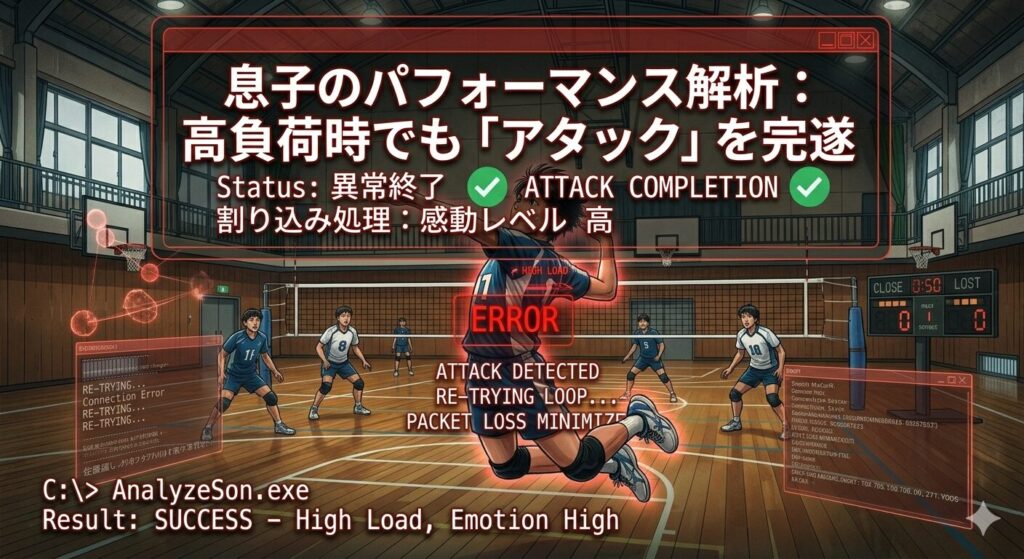 車の中から見た高校バレーの試合シーンをサイバーパンクなエンジニア視点で描いた画像。コート上でアタックを決める息子のダイナミックな動きを捉え、彼には赤い「HIGH LOAD（高負荷）」のエラーオーバーレイが重ねられている。画面中央には大きな赤オレンジのエラー画面で、見出し「息子のパフォーマンス解析：高負荷時でも「アタック」を完遂」のテキストが表示されている。その下には「Status: 異常終了（Abnormal End）」とありつつも、「ATTACK COMPLETION」には大きなグリーンチェックマークが配置され、「割り込み処理：感動レベル 高」のテキストで、試合の結果は負けだがプレーに感動したというブログの文脈を表現している。左下には「Result: SUCCESS - High Load, Emotion High」のレトロなコマンドプロンプトが配置され、システム解析の成功を表現している。