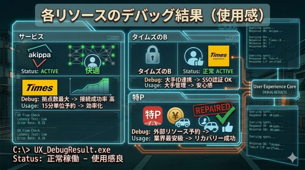 サイバーパンクなエンジニアのダッシュボードを模した、主要な駐車場予約サイト「akippa」「タイムズのB」「特P」の使用感解析画像。画面上部のバナーには見出し「各リソースのデバッグ結果（使用感）」のテキストが表示され、その下では3つのサービスごとに、「Debug」と「Usage」の結果（安さ、拠点数、信頼性など）がテキストとアイコンで直感的に解析されている。右側にはUXフローチェックなどのログが流れ、左下には「Status: 正常稼働 - 使用感良」のレトロなコマンドプロンプトが配置され、システムによるユーザー体験解析の成功を表現している。
