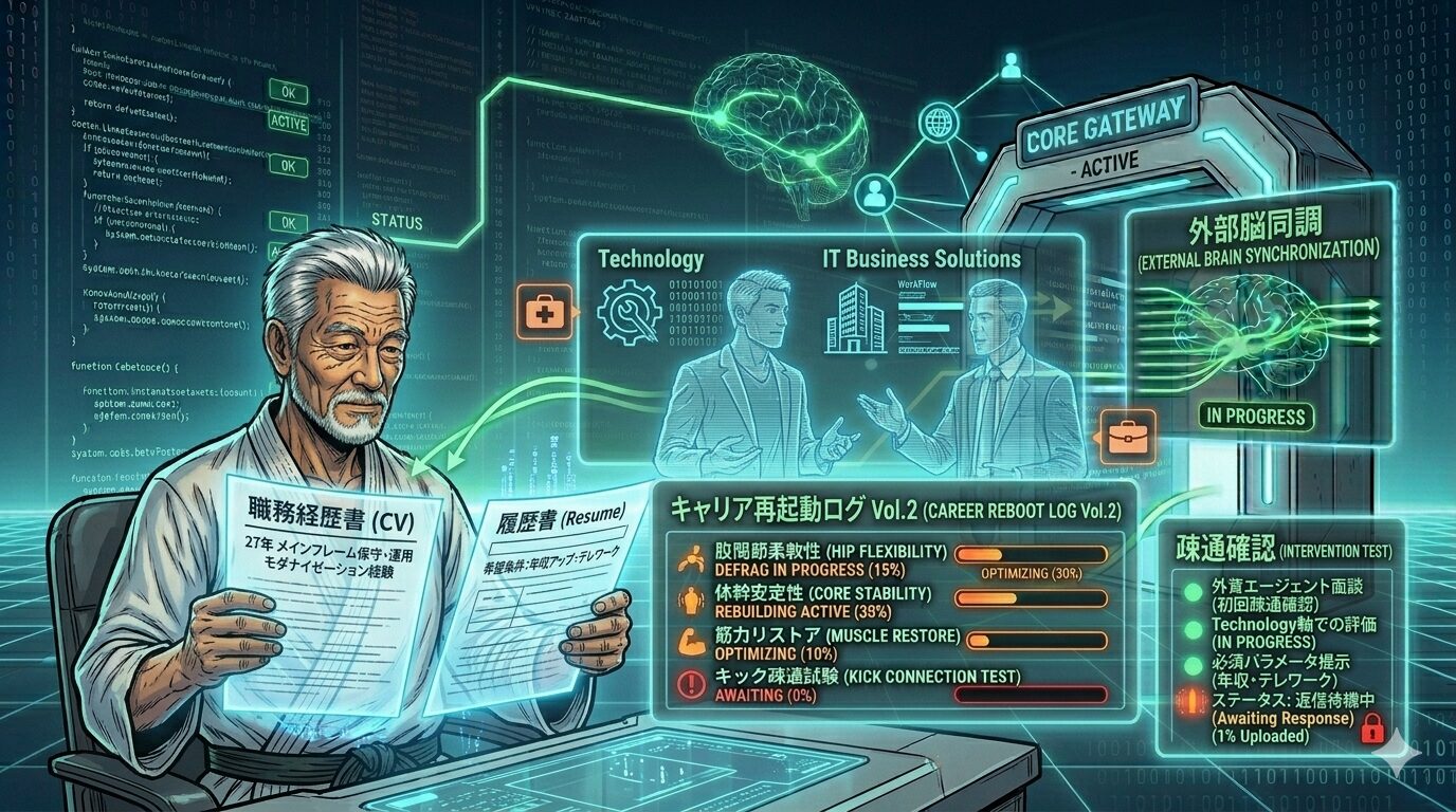 ITエンジニアらしいデータ解析のホログラムが浮かぶ中、50代の男性（IT格闘家じいじ）が鋭い眼差しで前を見据え、キャリアの再起動を決意している様子。背景には「REBOOT_COMPLETE」の文字が映し出されている。