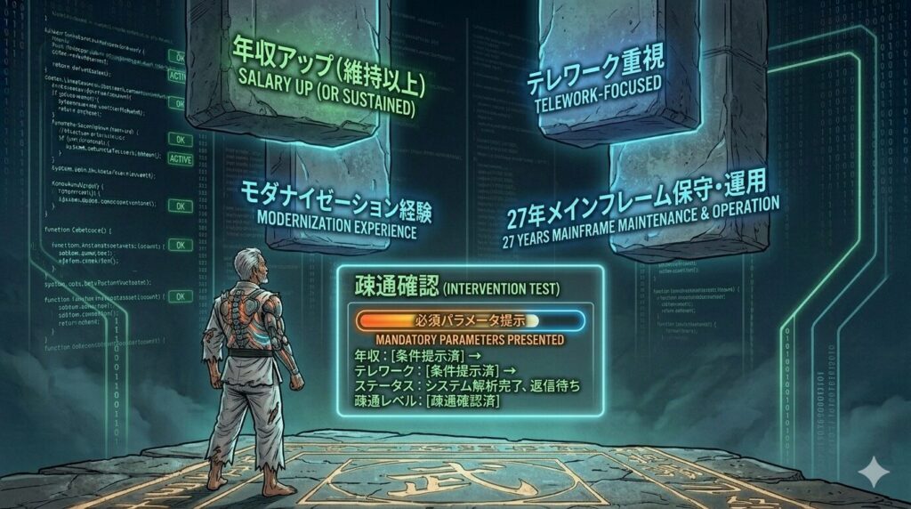 「SALARY_UP」「TELEWORK」といった転職の必須パラメータがデジタル表示される中、ベテランエンジニアが自身の譲れない条件を定義している様子。50代の転職デバッグにおける要件定義の重要性を象徴するビジュアル。
