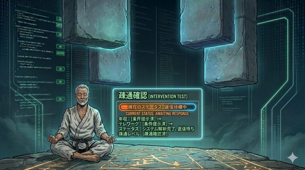 「AWAITING RESPONSE」のステータスが赤く光り、バックグラウンドでの処理中をイメージしたデジタル表示。転職エージェントからの返信を待つ時間を、システムの最適解検索プロセスとして捉えているイメージ画像。