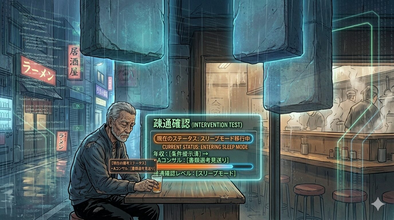 ITエンジニアらしいデータ解析のホログラムUIが浮かぶ中、50代の男性が転職活動という「システム負荷」に直面し、PCの前で思案している様子。背景には「REBOOT_COMPLETE」の文字が映り、キャリア再起動のPhase 3を表現している。