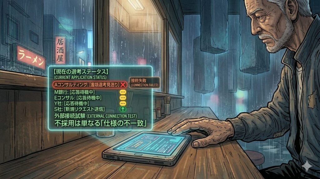 企業のロゴや「404 Not Found」というエラーメッセージがサイバー空間に浮かび、転職活動における書類選考の見送りを「外部接続失敗」として視覚化したイメージ画像。27年のキャリアモジュールと企業側のスロットが不一致であることを表現している。