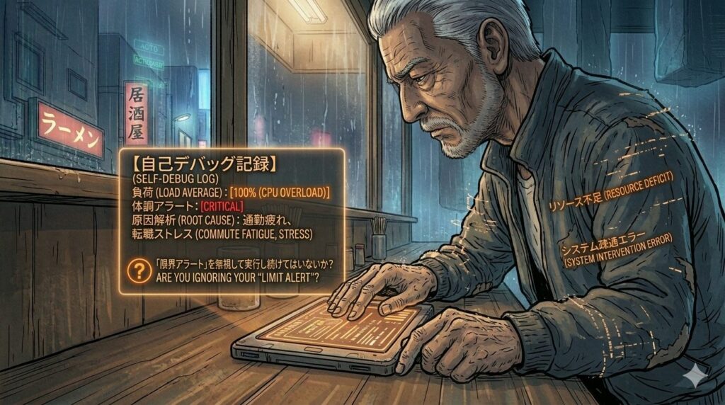 CPUの負荷率を示す「Load Average」のグラフが赤く上昇し、過負荷状態のアラートが表示されているデジタルイメージ。50代エンジニアが転職活動と日々の業務によるリソース不足（慢性的な疲労感）に陥っている状況を表現している。