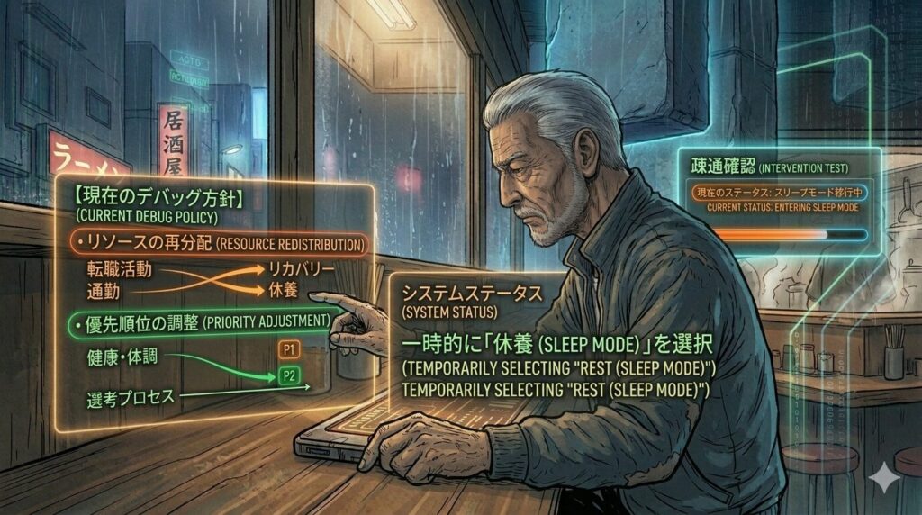 「SYSTEM_SHUTDOWN: DELAYED」や「RECOVERY_PROTOCOL」という文字が浮かぶ中、ベテラン男性が静かに休息をとり、体調という名のハードウェアをメンテナンスしている様子。処理の優先順位（Priority）を下げてリソースを回復させているイメージ。