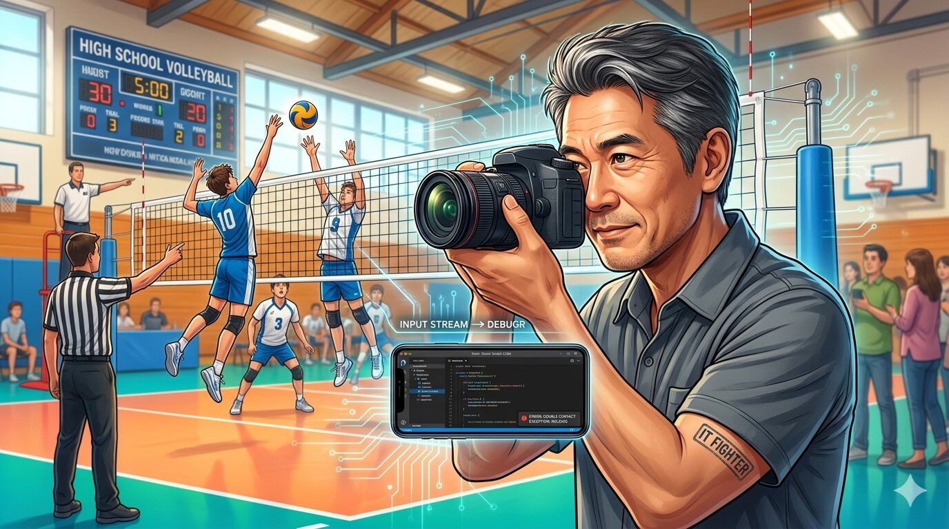 高校バレーの試合を一眼レフで撮影する、格闘家らしい体格の50代ITエンジニア。空中に「DEBUG MODE」と「ERROR: DOUBLE CONTACT」のホログラムが浮かび、試合をデバッグしているイメージ。
