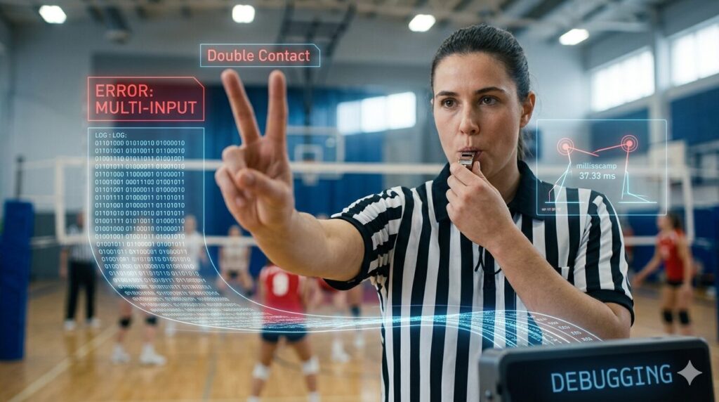 高校バレーの試合で審判が笛を吹き、指を2本立てて「ダブルコンタクト」の反則をジャッジする瞬間。周囲に赤い「ERROR: MULTI-INPUT」の警告とミリ秒単位の解析データがホログラムで表示されている。