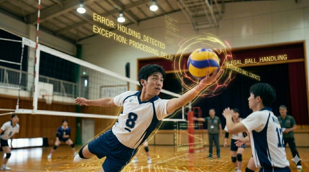 高校バレーの試合で、プレイヤーがボールをレシーブする瞬間。ボールが手に触れている時間が長く、きれいに弾けていないため、「EXCEPTION: HOLDING」と「PROCESSING_DELAY_DETECTED」という黄色のホログラム警告が表示され、ボール接触時間の解析グラフがオーバーレイされている。