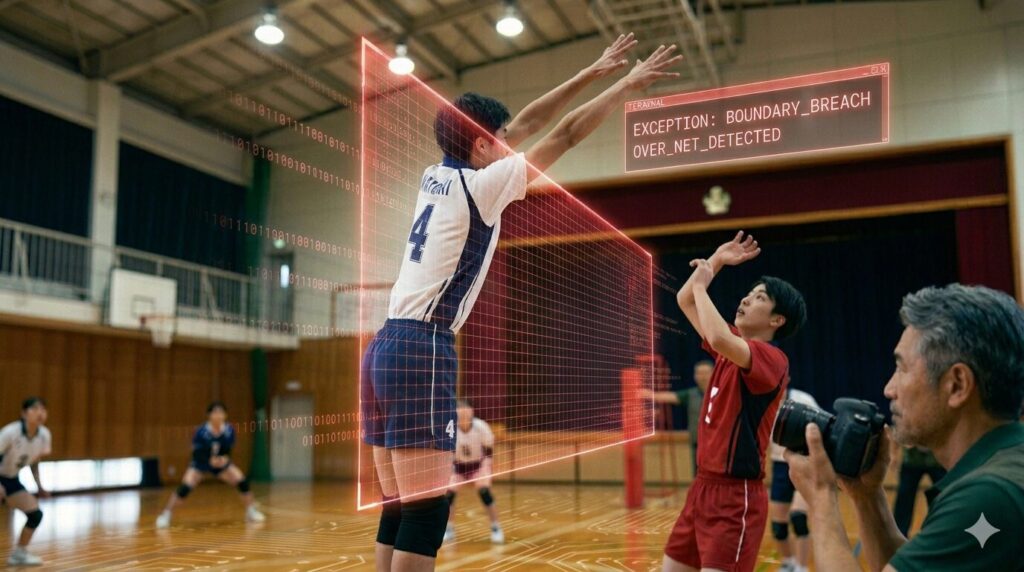 高校バレーの試合で、プレイヤーがネット際でブロックを試みる瞬間。両手がネットという境界線を越えているため、赤く輝くファイアウォールのホログラムに遮られ、「EXCEPTION: ILLEGAL_ACCESS_DETECTED」という赤い警告とバイナリデータがオーバーレイされている。
