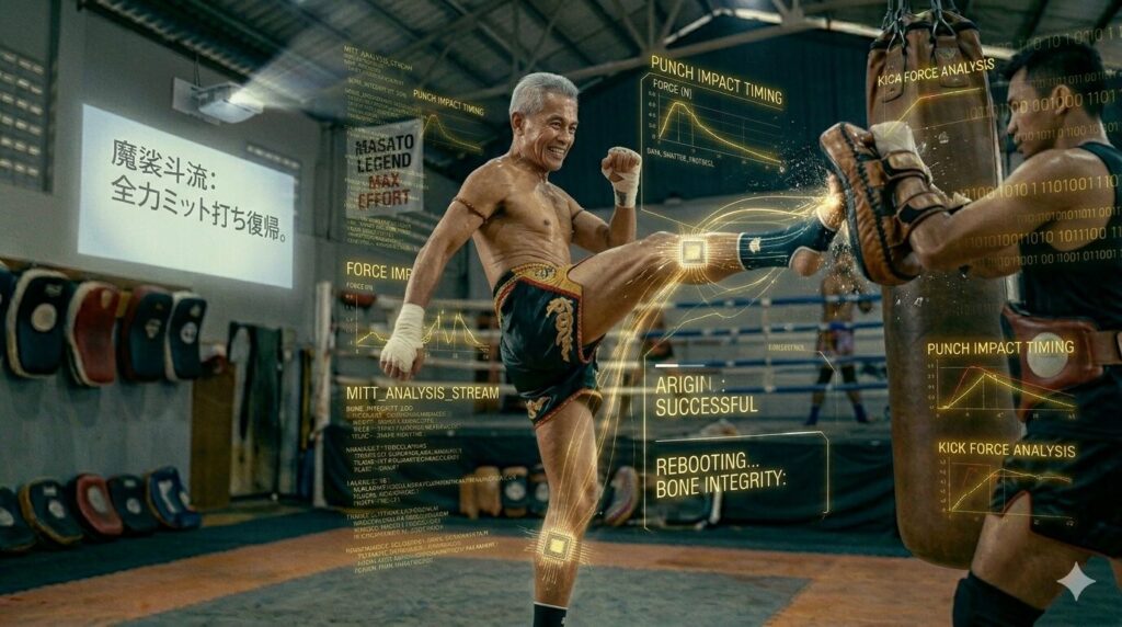 キックボクシングジムで、ベテラン男性（IT格闘家じいじ）がトレーナーの持つミットへ力強い右ミドルキックを叩き込んでいる瞬間。キックがめり込むミットからは火花のようなエフェクトが散り、周囲には「BONE INTEGRITY: REBOOTING...（骨の整合性：再起動中）」や「ORIGIN: SUCCESSFUL」といったITエンジニア視点のデバッグメッセージがホログラムで浮かんでいる。骨折という「バグ」を乗り越え、再びリングで躍動する不屈の精神を視覚化した一枚。