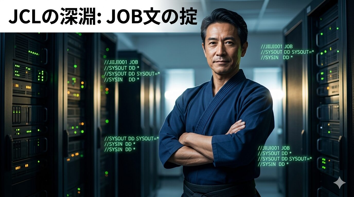 「サーバーラックとJCLコードが浮かぶ背景の前に、道着を着て腕を組んで立つ、50代のベテラン日本人ITエンジニア（IT格闘家じいじ）。上部には『JCLの深淵：JOB文の掟』というタイトル文字が入っている。」