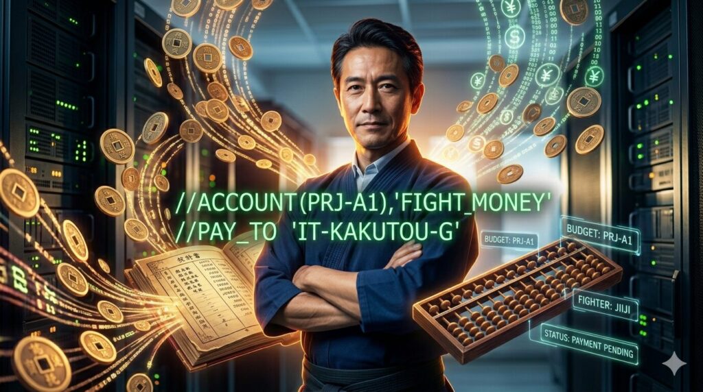 「データセンターのサーバーラックの前で、道着を着たベテランの日本人ITエンジニア（じいじ）が腕を組んで立っている。彼を中心に、古風な大福帳や算盤（そろばん）と、現代的な金のコインやデジタルな通貨記号が融合したキャッシュフローが視覚化されている。JCLコード『//ACCOUNT (PRJ-A1),'FIGHT_MONEY'』がホログラムとして浮かび、財務的な責任を強調している。」