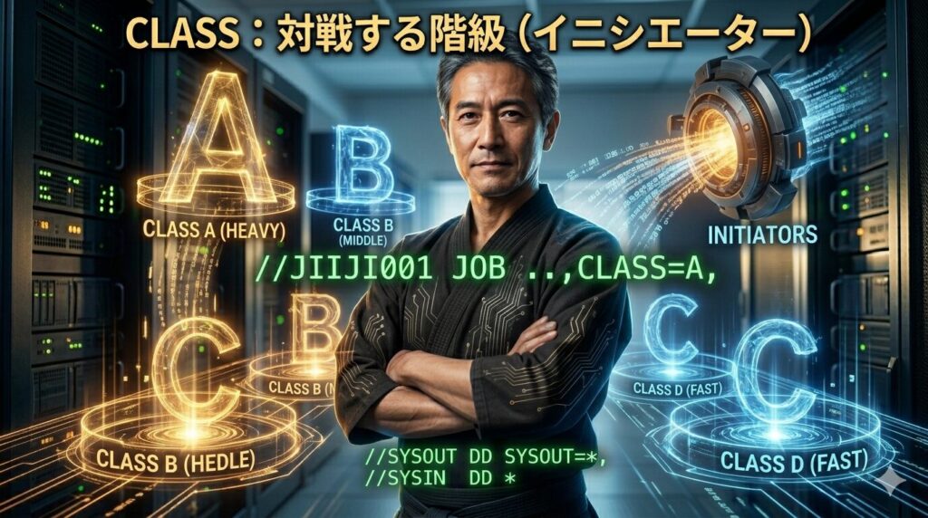 「レトロなメインフレームのコンピューター室で、道着を着たベテランエンジニア（じいじ）が、異なる色のエネルギーフィールドとして表現された複数の『対戦階級（クラス）』の間に立っている。各フィールドには『CLASS A (HEAVY)』『CLASS B (MIDDLE)』などのラベルがあり、背景にはそれらを処理するイニシエーターの構造体が視覚化されている。JCLコード『//JIIJI001 JOB ...,CLASS=A,』が浮かび、彼の選んだ階級を示している。」