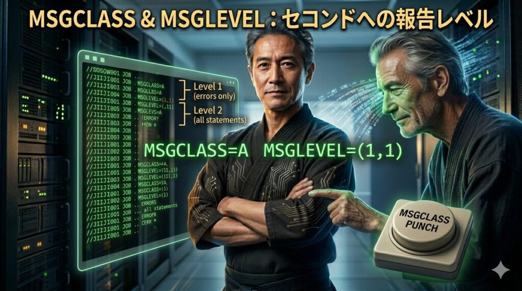 「レトロなメインフレームのコンピューター室で、道着を着たベテランエンジニア（じいじ）が、セコンドの老人エンジニアに見守られながら立っている。彼らの前には、簡潔なログと詳細なログの異なるレベルのデータストリームが視覚化され、JCLコード『//... MSGCLASS=A,MSGLEVEL=(1,1)』が浮かび、セコンドへの報告レベルの設定を示している。背後にはサーバーラックがあり、グリーンとアンバーの光が点滅している。」
