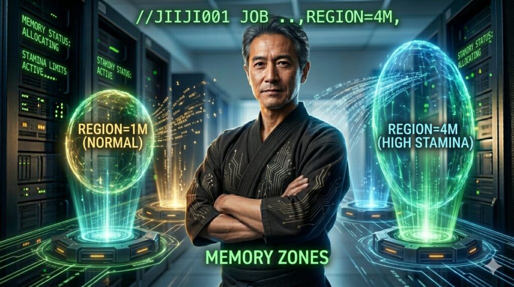 レトロなメインフレームのコンピューター室で、道着を着たベテランエンジニア（じいじ）が、2つの異なるサイズのエネルギーフィールド（メモリ・ゾーン）の間に立っている。小さいフィールドには『REGION=1M (NORMAL)』、大きいフィールドには『REGION=4M (HIGH STAMINA)』のラベルがあり、スタミナの上限を視覚化している。JCLコード『//JIIJI001 JOB ...,REGION=4M,』が浮かび、彼の選んだ設定を示している。背景のサーバーラックが青と緑の光を放っている。