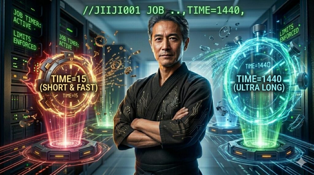 レトロなメインフレームのコンピューター室で、道着を着たベテランエンジニア（じいじ）が腕を組んで立っている。彼を中心に、左右に巨大で強力な『エネルギー時計』が視覚化されている。左の時計には赤と金のエネルギーで『TIME=15 (SHORT & FAST)』、右の時計には青と緑のエネルギーで『TIME=1440 (ULTRA LONG)』のラベルがあり、異なる時間制限を視覚化している。JCLコード『//JIIJI001 JOB ...,TIME=1440,』が浮かび、彼の選んだ設定を示している。