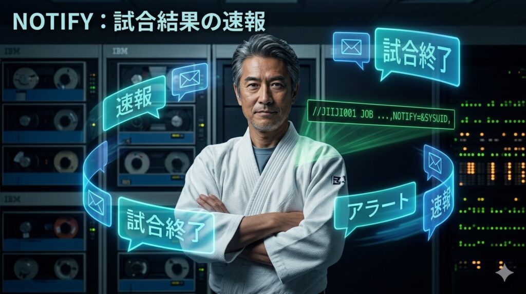 レトロなIBM製メインフレームが並ぶサーバー室で、白い道着を着て腕を組むベテランエンジニア。彼の周囲を『試合終了』『速報』『アラート』といった文字が書かれたネオンブルーの吹き出しが旋回している。中央にはJCLコード『//NOTIFY=&SYSUID,』がホログラムで浮かび、ジョブの完了通知がユーザーへ即座に届く様子を視覚化している。