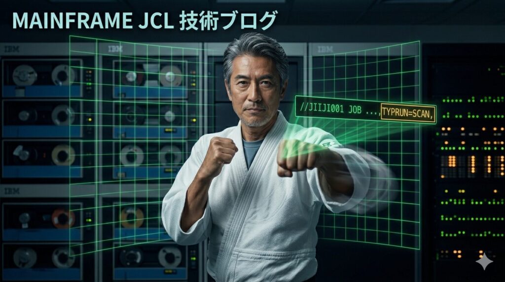 レトロなIBM製メインフレームが並ぶサーバー室で、白い道着を着たベテランエンジニアが、実戦さながらのシャドーボクシング（パンチ）を繰り出している。彼の動きに合わせて、空中に浮かぶ半透明のJCLコードのホログラムが展開され、中央には『TYPRUN=SCAN』という文字が緑色で光り、構文チェックの正確さを強調している。