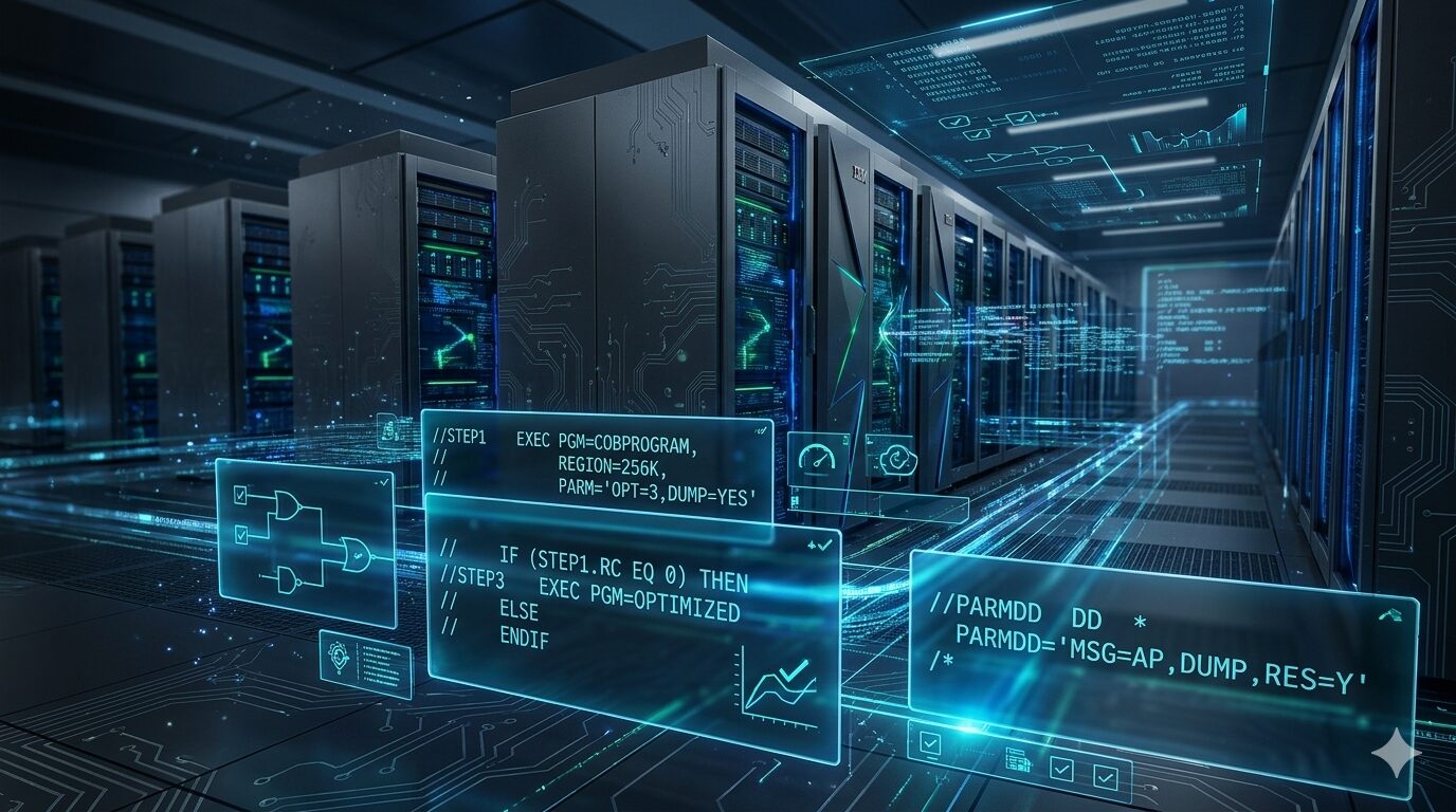 ブルーの光が走るサイバーなメインフレームのデータセンター。手前にはJCLのEXEC文、IF文、PARMDDなどのコードがホログラムのように浮かび上がり、システム制御の論理構造を表現している。