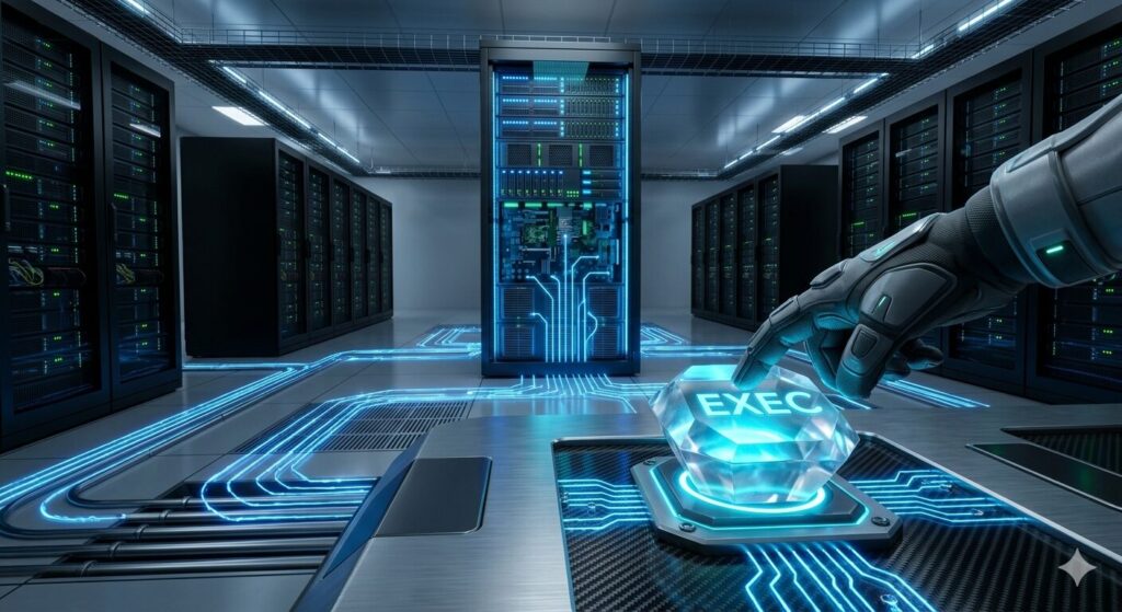 「EXEC」と刻印された光り輝くクリスタル状のボタンが押し込まれ、メインフレームの回路を通じてCPUにエネルギーが供給される様子。ジョブステップが起動する瞬間を表現。