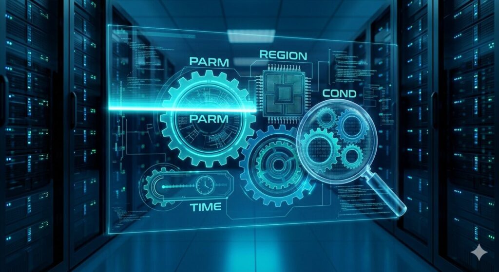 データセンターのサーバーラックを背景に、PARM、REGION、COND、TIMEといったJCLの主要パラメータが刻まれた青く光る歯車と、それらを詳細に分析する虫眼鏡のホログラム。パラメータ同士がシステム内で連動する様子を表現。