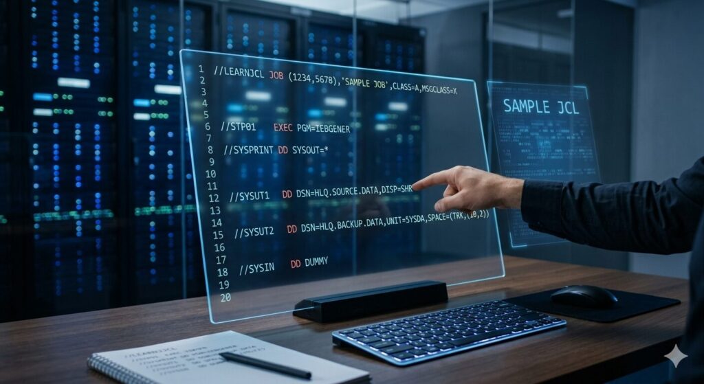 暗いオフィスとサーバーラックを背景に、透明なディスプレイに表示されたJCLのサンプルコードを指し示すエンジニアの手。実際のジョブ制御文の構造を一つずつ確認しながら、実践的な技術を学んでいる様子。