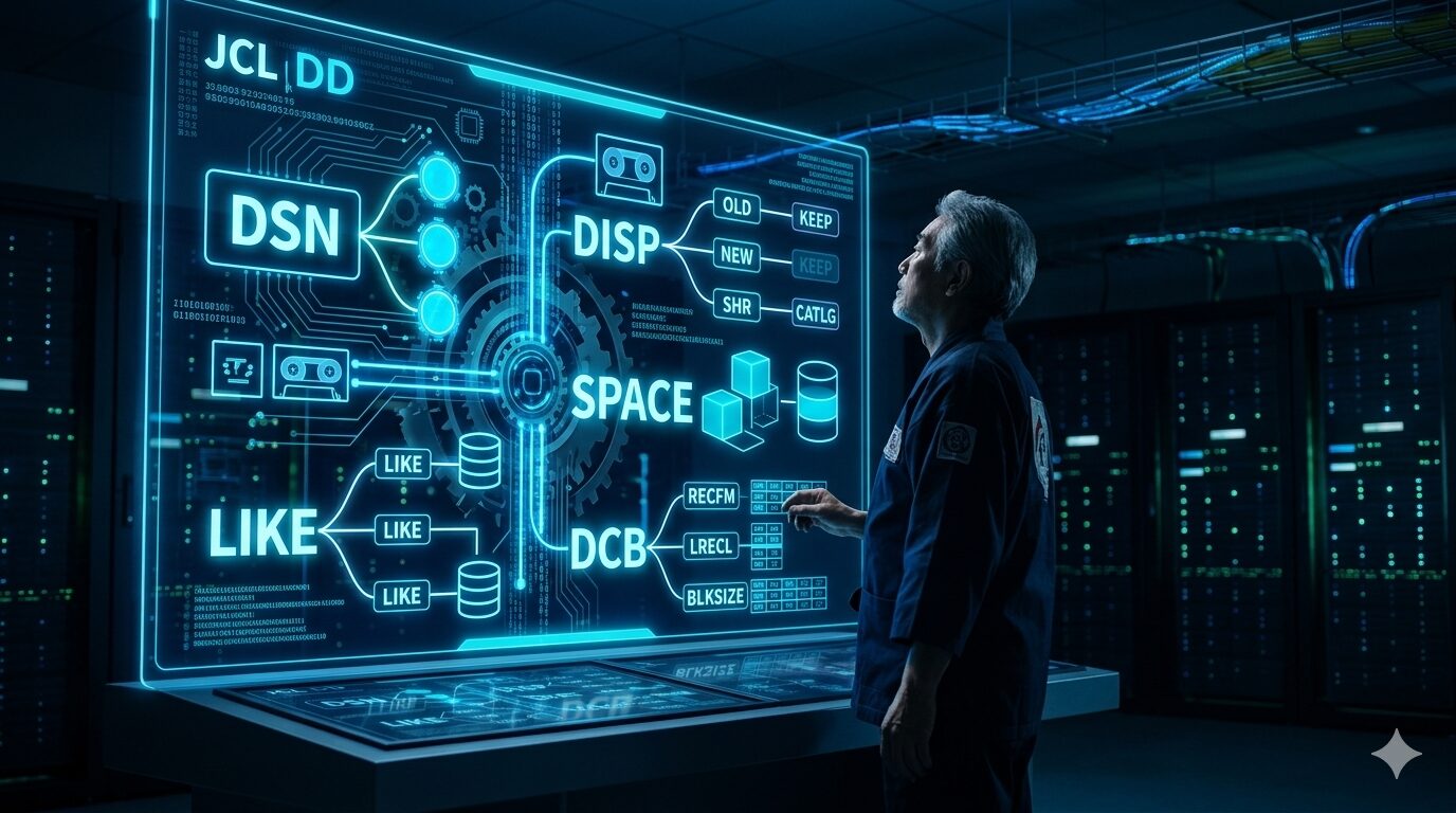 データセンターのサーバーラックの前で、JCL DD文の主要パラメータ（DSN, DISP, SPACE, LIKE, DCB）がネットワーク状に繋がった巨大なホログラム・ディスプレイを操作するベテランエンジニアの横顔。各パラメータの連動性を視覚化した近未来的なシステム図。