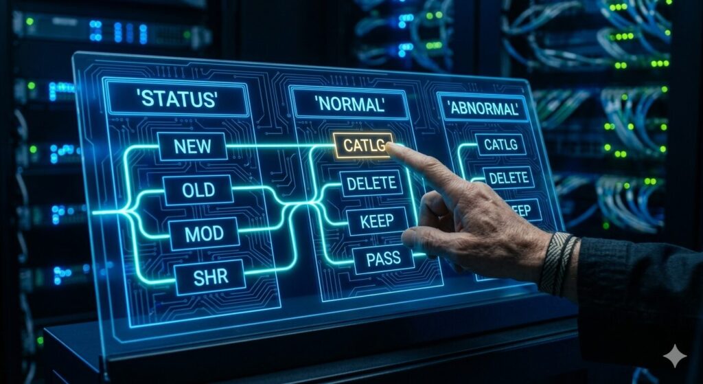 JCLのDISPパラメータの3つのセクション（STATUS, NORMAL, ABNORMAL）を視覚化したサイバーな操作パネル。STATUS（NEW, OLD, MOD, SHR）からNORMAL（CATLG, DELETE, KEEP, PASS）、さらにABNORMAL（CATLG, DELETE, KEEP）へと論理的なフローが線で繋がっており、ベテランエンジニアの手がCATLGを選択している様子。
