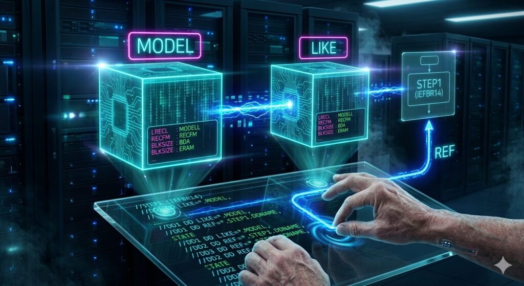 データセンターを背景に、JCLのLIKE指定と後退参照を視覚化した図解。'MODEL'と書かれたデータキューブから'LIKE'キューブへ属性情報（LRECL, RECFM等）が光り輝くラインでコピーされている。また、右側には'STEP1'というフロー図があり、そこから'REF'（参照）という青い光のラインがエンジニアの手元へと繋がっている様子。