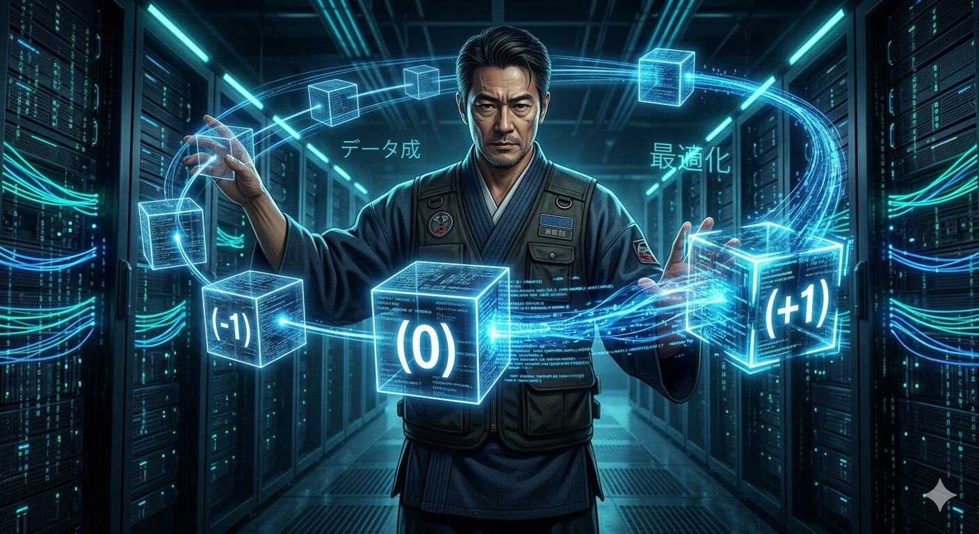 データセンターのサーバーラックの間で、円環状に浮遊するデータキューブを操るベテランエンジニア。キューブには「(-1)」「(0)」「(+1)」というJCLの相対世代番号が刻まれており、過去から未来へデータが流れるサイクルを視覚的に表現している。背景には「最適化」などの文字がホログラムで浮かんでいる。
