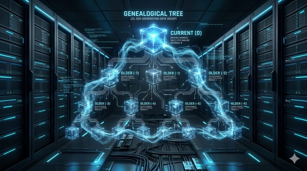 サーバーラックが並ぶデータセンターの中央に、JCLのGDG（世代管理）構造を家計図（Genealogical Tree）のように視覚化したホログラム。頂点には最新世代の「CURRENT (0)」を示す青い光のキューブがあり、そこから下方へ向かって過去の世代「OLDER (-1)」「OLDER (-2)」といった複数のキューブが回路のようなラインで階層状に繋がっている。