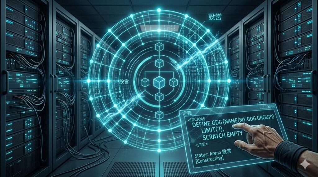 データセンターのサーバーラックの間で、複雑な回路とホログラムで作られたサイバーな「リング（Arena）」が構築されている様子。手前にはエンジニアの手がホログラムパネルを操作しており、パネルには「DEFINE GDG (NAME(MY.GDG.GROUP))」「LIMIT(7)」などのIDCAMSパラメータが表示され、GDGの家系図（ツリー構造）が形成され始めている。右上に「設営」の文字。