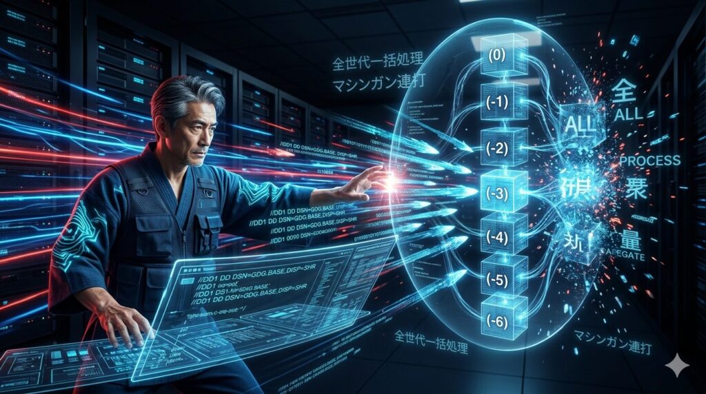 データセンター内で、ベテランエンジニア（じいじ）がホログラムパネルを操作し、GDGの全世代を同時に処理する「マシンガン連打」を繰り出している様子。空間には(0)から(-6)までの世代を示すデータキューブが垂直に並んでおり、エンジニアの指先から放たれた光の弾丸がそれら全てを一気に貫き、右側で一つの巨大な「ALL PROCESS（全世代一括処理）」というデータ流に統合されている。画面上部には「全世代一括処理」「マシンガン連打」の文字。
