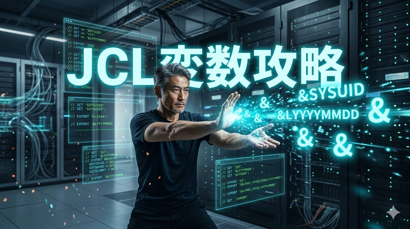 データセンターのサーバーラックを背景に、ベテランエンジニア（じいじ）が格闘家の構えから両手を突き出し、青白く光る「&」の記号や「&SYSUID」「&LYYYYMMDD」といった変数の粒子を放っている様子。空間にはJCLのSET文やEXPORT文が書かれたホログラムパネルが浮かび、中央には「JCL変数攻略」という力強いテキストが刻まれている。