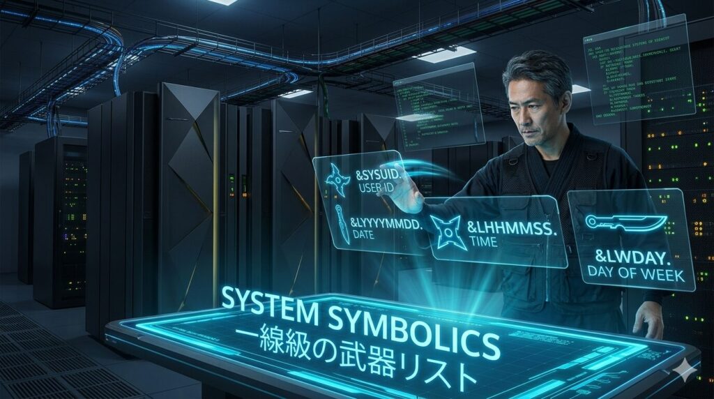 データセンターの司令室で、ベテランエンジニア（じいじ）がハイテクなタクティカル・コンソールを操作し、システムシンボリック変数のリストを武器のインベントリのように表示している様子。ホログラムパネルには「&SYSUID. (USER ID)」「&LYYYYMMDD. (DATE)」「&LHHMMSS. (TIME)」「&LWDAY. (DAY OF WEEK)」といった文字が、手裏剣やクナイのような武器のアイコンと共に青く光り輝いている。中央には「SYSTEM SYMBOLICS 一線級の武器リスト」という力強い文字が浮かんでいる。