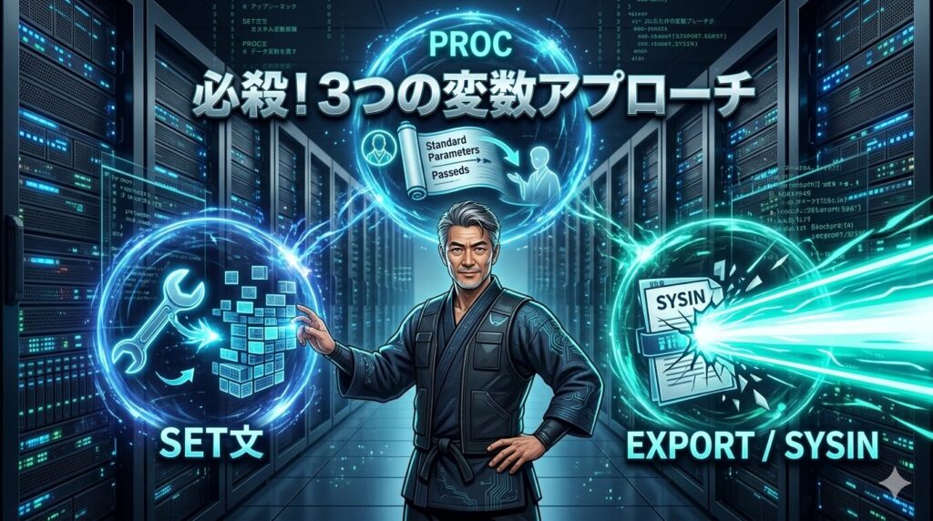 データセンターの中央に立つベテランエンジニア（じいじ）を囲むように、3つの技術的なオーブ（光の球体）が浮かんでいる様子。左側のオーブにはスパナのアイコンと「SET文」の文字、上部のオーブには巻物と「PROC」の文字、右側のオーブには「SYSIN」と書かれた書類を光線が貫く「EXPORT / SYSIN」の文字が描かれている。画面上部には「必殺！3つの変数アプローチ」という大きなタイトルが刻印されている。
