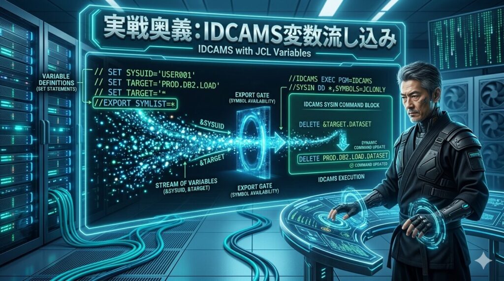 データセンター内でエンジニア（じいじ）がホログラムコンソールを操作し、JCL変数をプログラムの制御カード（SYSIN）へ流し込むプロセスを説明している図解。左側の「SET文」で定義された変数の粒子が、「EXPORT GATE」という青い光のリングを通過することで有効化され、右側の「IDCAMS SYSIN」ブロック内にある「DELETE &TARGET.DATASET」というコマンドを「DELETE PROD.DB2.LOAD.DATASET」へと動的に書き換えている様子。画面上部には「実戦奥義：IDCAMS変数流し込み」のタイトル。