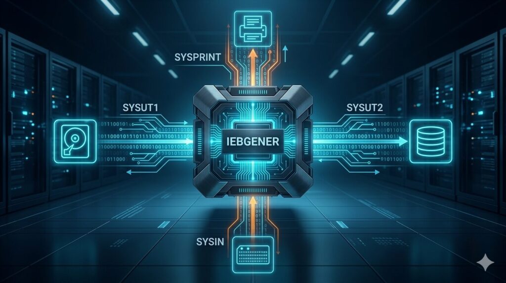 IEBGENERのデータフローを示すダイアグラム。中央に「IEBGENER」のコアがあり、左から「SYSUT1（入力）」、右へ「SYSUT2（出力）」、上へ「SYSPRINT（ログ出力）」、下から「SYSIN（制御命令）」がインターフェースとして接続されている。背景はハイテクなデータセンター。