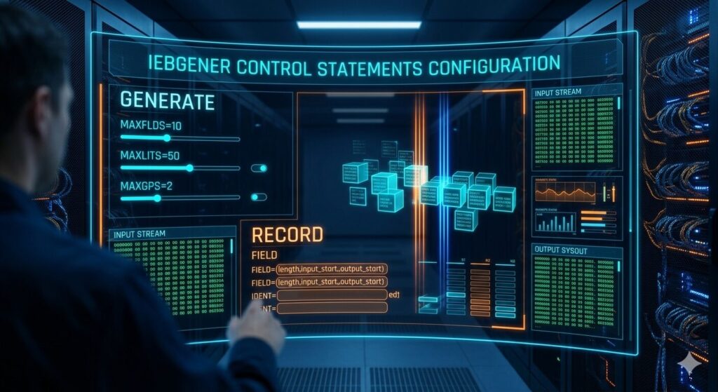 データセンター内で、エンジニアがホログラムの制御パネルを操作している様子。「IEBGENER CONTROL STATEMENTS CONFIGURATION」というタイトルと共に、GENERATE文やRECORD文、FIELDパラメータの設定項目、そしてデータブロックが再配置されるシミュレーションが青とオレンジの光で視覚化されている。