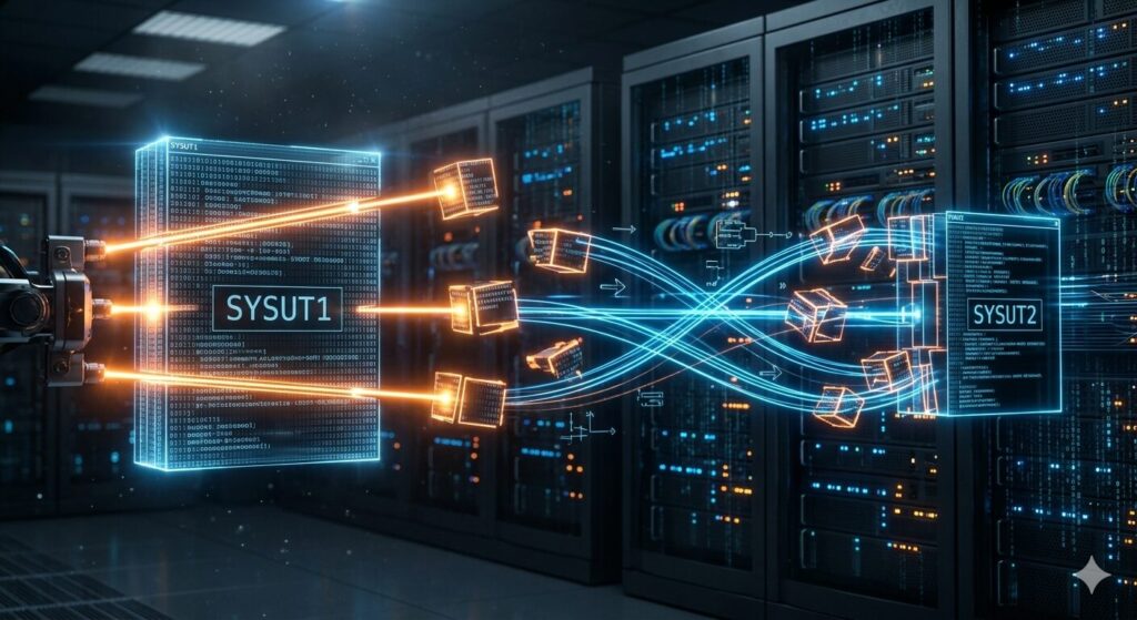 フューチャリスティックなデータ変換の視覚化。左側の「SYSUT1」から送られるデータブロックが、中央の光り輝くプロセッサを通過する際に精密にスライス・再構成され、右側の「SYSUT2」へ新しい順序で出力されている。ネオンブルーとオレンジの光のラインが、データの「抽出」と「並び替え」のプロセスを象徴的に描いている。